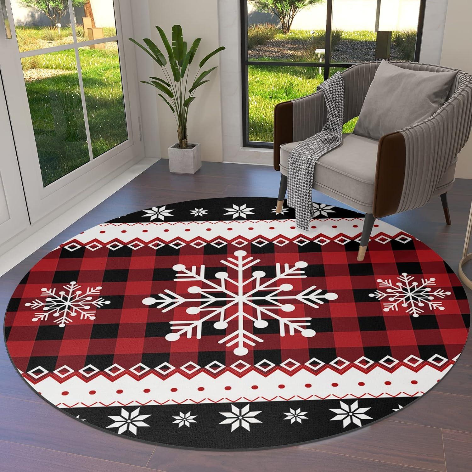 

Christmas Round Area Rug White Snowflake Floor Carpets Washable Indoor Floor Area Mat for Living Room Kitchen Bedroom Nursery 80x80cm