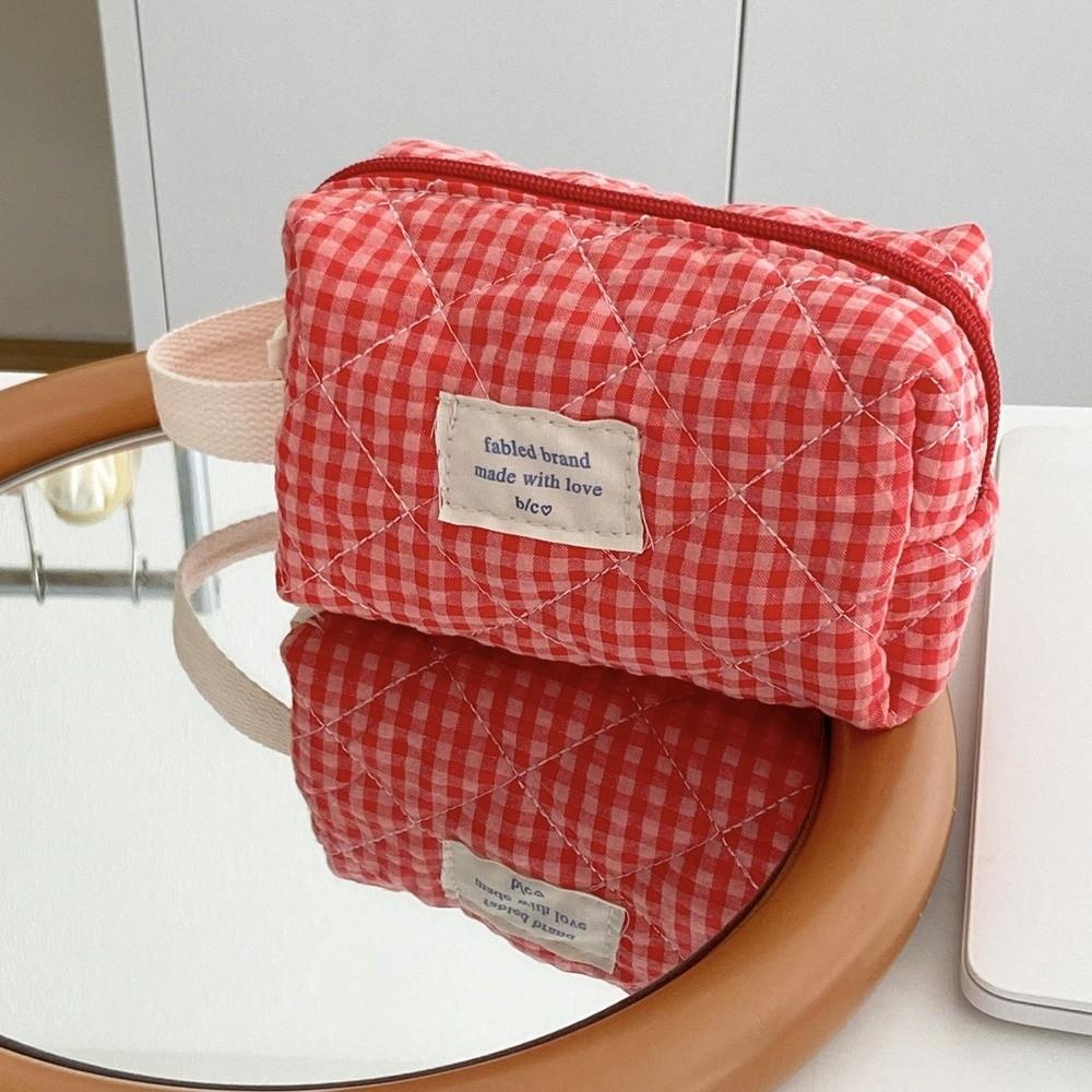 New Cotton Makeup Bag Cute Checkered Pattern Travel Toiletry Bag Multi-size Large Capacity Storage Wrist Bag Travel Use