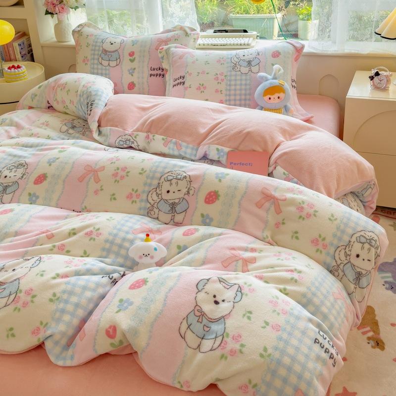 Thickened Milk Fleece Four-Piece Set, Coral Flange Double-Sided Fleece Quilt Cover, Bed Sheet, Bed Hat Three-Piece Set