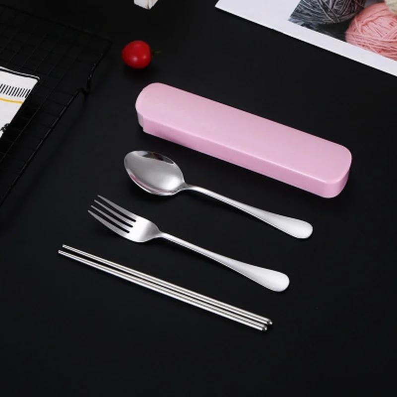 

3PCS/Set Portable Travel Tableware Set Stainless Steel Dinnerware With Box Kitchen Fork Spoon Dinner Set For Kid School Cutlery розовый