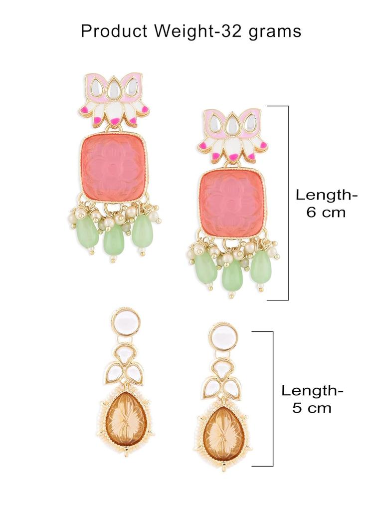 Set of 2 Multicolor Ethnic Enamel Yellow Gold Drop Earrings For Women
