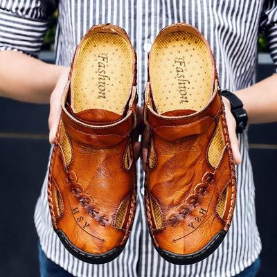 Sandálias masculinas de couro genuíno verão Baotou casual homem chinelos convenientes slip on sandálias masculinas sandálias de trekking ao ar livre