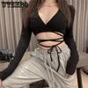 Women Crop Top Summer Long Sleeve Corset Y2k Tops Korean Tanktop Navel Tie Thin Black T-Shirt Ladies Boho Gothic Sexy Clothes