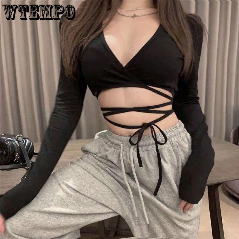 Women Crop Top Summer Long Sleeve Corset Y2k Tops Korean Tanktop Navel Tie Thin Black T-Shirt Ladies Boho Gothic Sexy Clothes