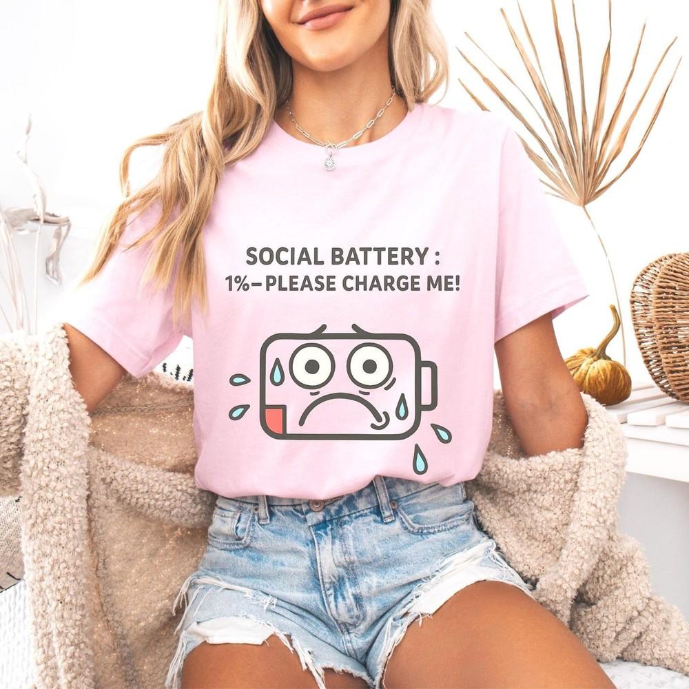 26 Social Battery 1% Shirt ,Low Energy Cartoon Tee,Funny Light Pink T-Shirt Unisex T-Shirt XXL
