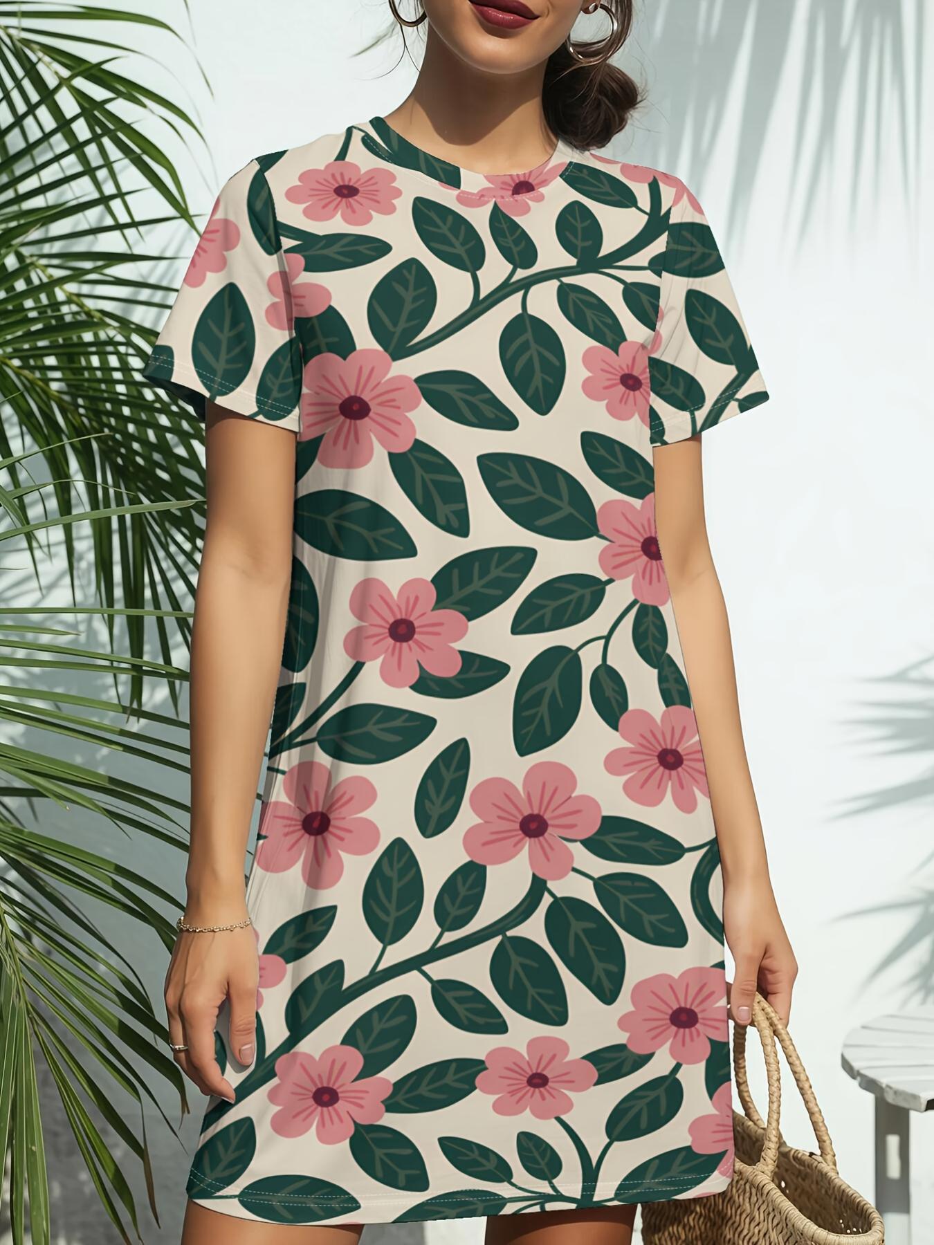 

Women s Leafy Floral Vines Short-Sleeve T-Shirt Dress - Round Neck Casual Maxi Suitable for Spring Summer Outfits. American Digital Print Blouse Dress 8XL дубильна кора