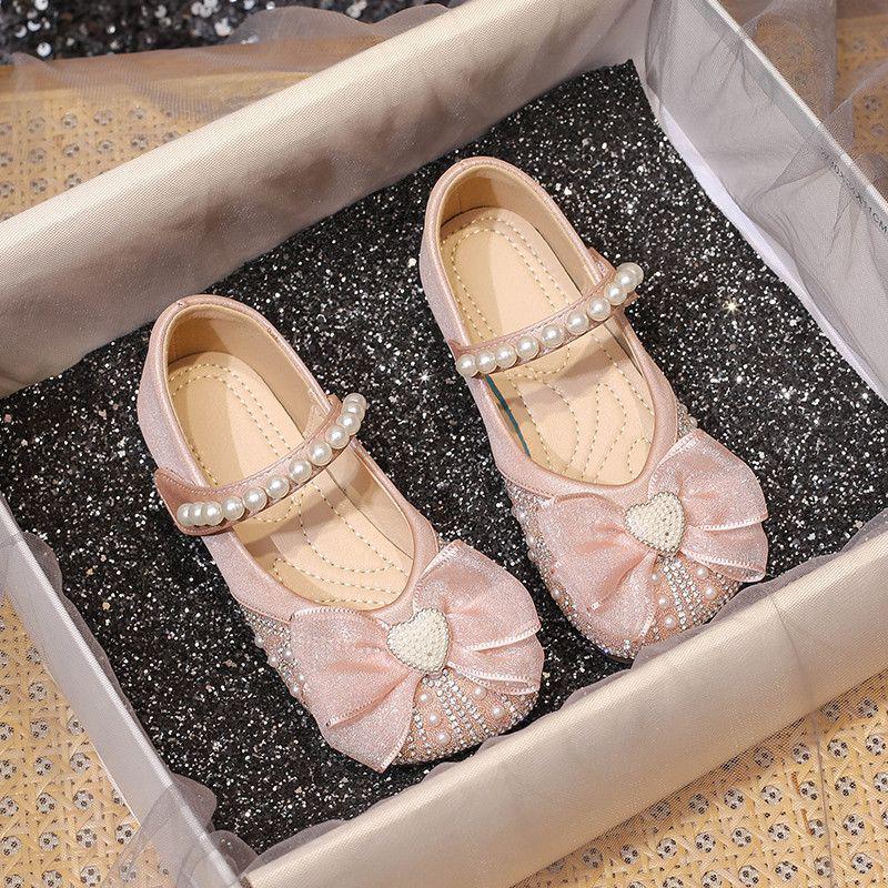 2026 Spring Girls' Princess Pearl Bow Leather Dress Shoes with Rhinestones - Korean Style, Soft Sole
