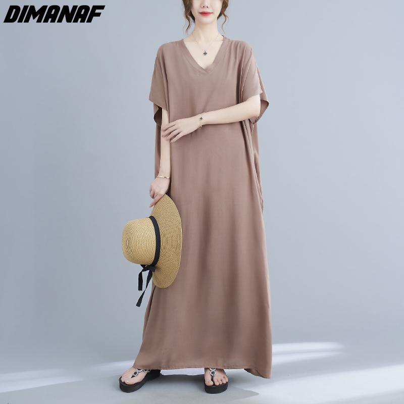 DIMANAF 2021 Plus Size Women Dress Bohemian Beach Korean Style Summer Sundress Solid Maxi Dress Loose Design Casual Long Dress