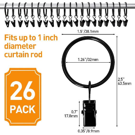 26 PCS Curtain Rings with Clips, Curtain Hooks for Drapes, Curtain Clips with Rings 1.26” Interior Diameter, Black Curtain Rings Fit Up To 1 Inch