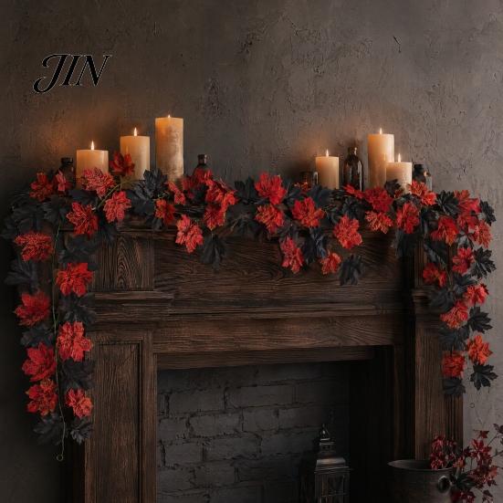 Autumn Retro Wall Art Artificial Maple Leaf Garland, Faux Vine, Black & Red Fall Flexible Rattan Garland Leaves Hanging Vine for Fireplace Front Door
