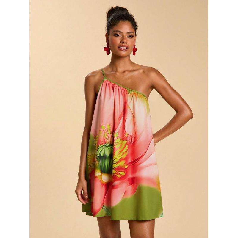 European Bohemian Vacation Floral Print Slash Shoulders Sleeveless Loose Skinny Dress Women S