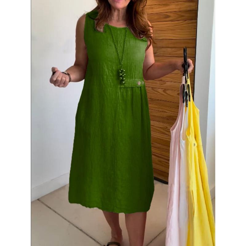 DAFIFY Moda feminina verão primavera cor sólida estampa sem mangas gola redonda cintura solta vestidos casuais