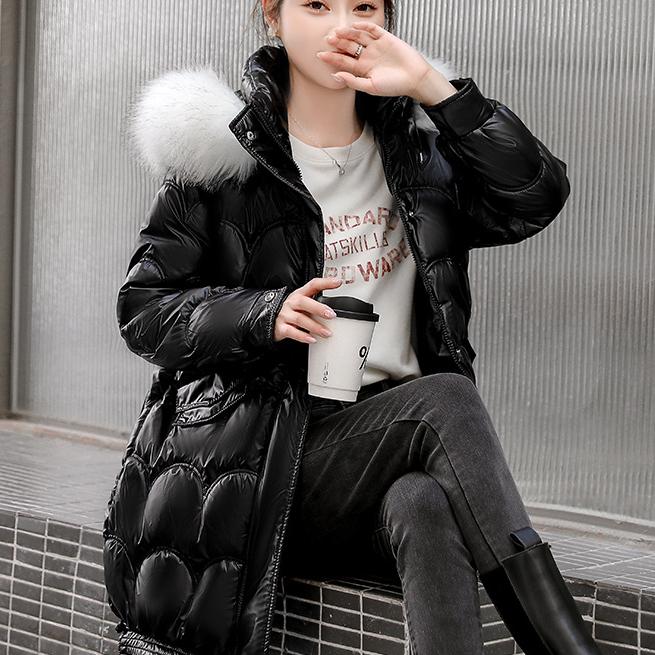 NEW Women's Glossy Down Cotton  Jacket Winter New Fur Collar Hooded Coat Female Warm Parkas Fashion Casual Loose Long Overcoat