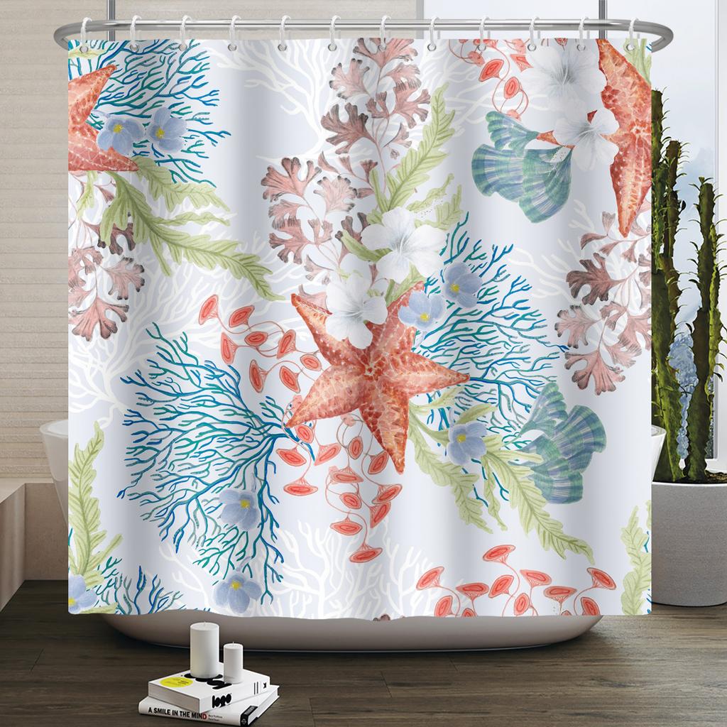Nautical Coastal Shower Curtain Starfish Coral Seashell Beach Ocean Bathroom Curtain Underwater Marine Waterproof Bath Curtain