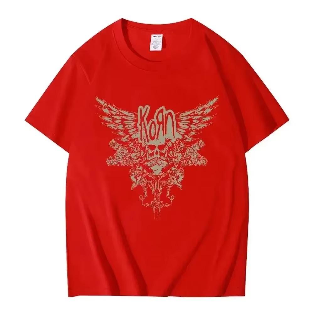 2024 Summer Korn Skull Wings Black T Shirt Women and Men Metal Gothic Band T Shirts Vintage Plus Size T-shirt Cotton Tops