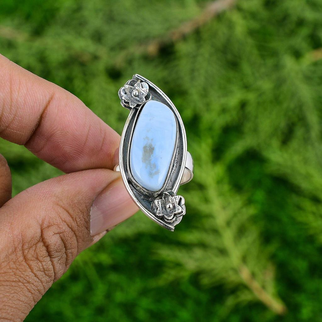 Statement Flower Adjustable Ring 925 Silver Natural Owyhee Blue Opal