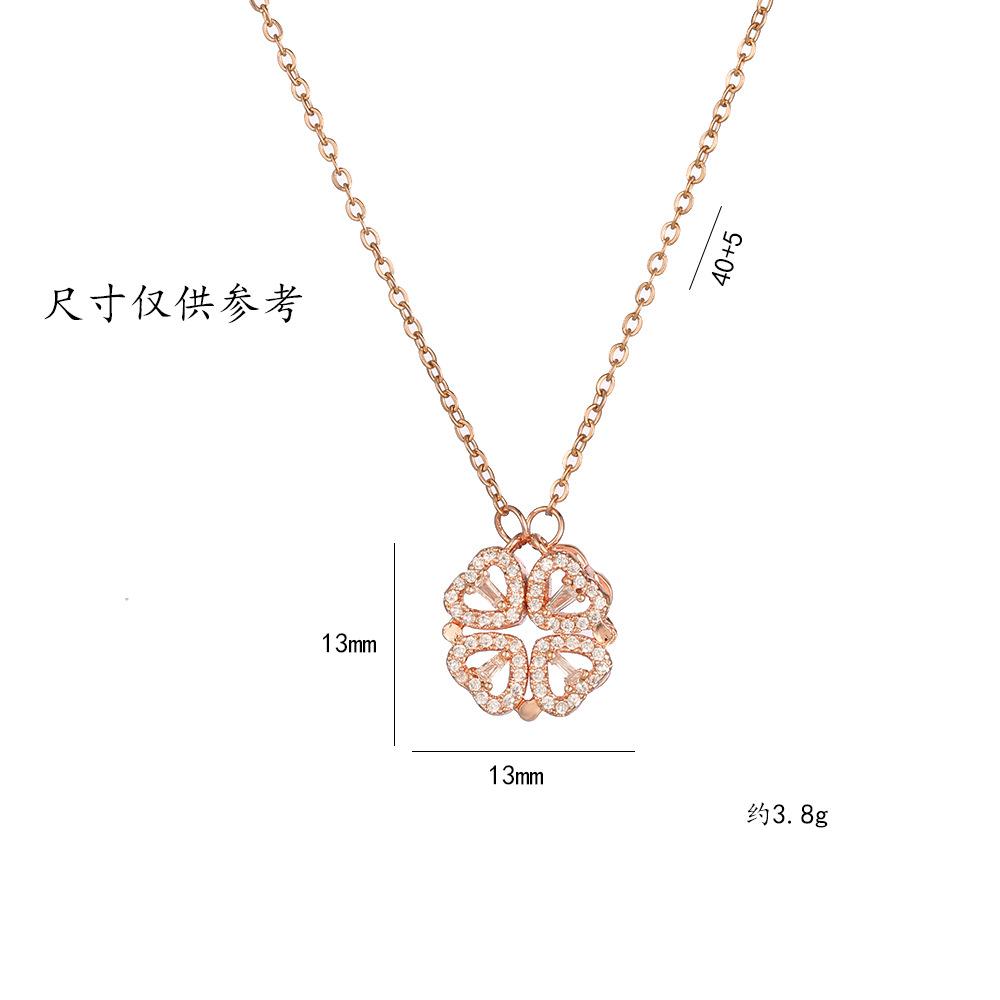 Women's Japanese Korean Folding Fashion Two-Wearing Four-Leaf Flower Heart-to-Heart Clavicle Necklace Zircon Copper Water-Wave