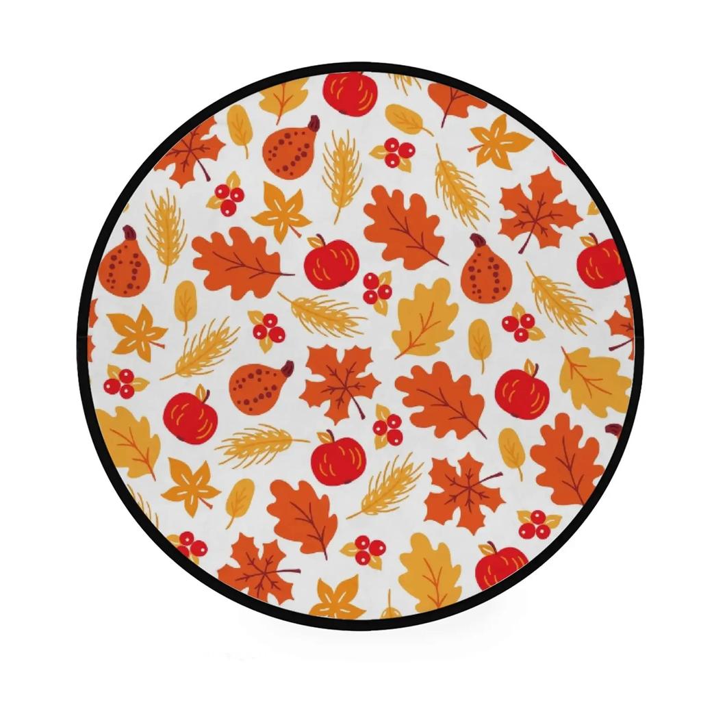 Fall Pumpkin Round Rug for Bedroom Thanksgiving Decor Circle Non Slip Carpet Maple Leaves Floor Mat for Bath Living Room Kitchen