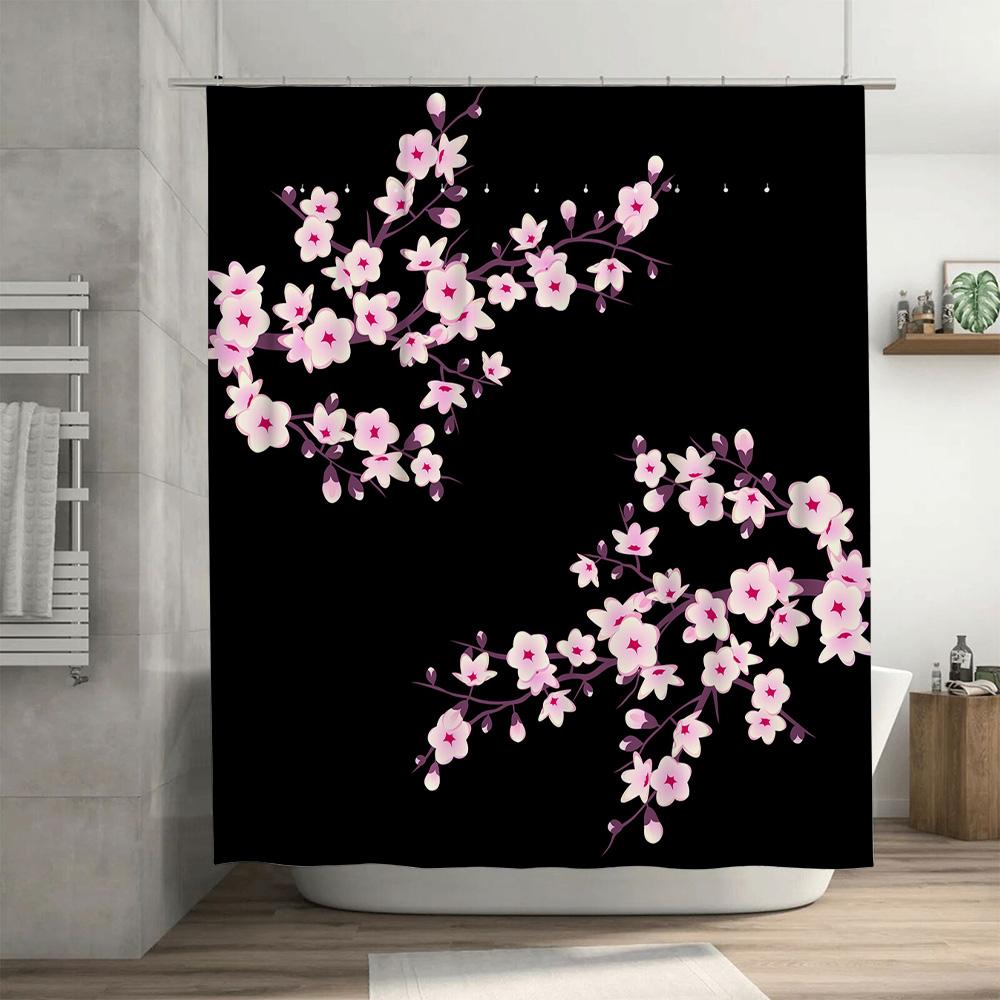 Cherry Blossom Shower Curtain Pink Floral Print Bathroom Decor Customizable Size Black Background Shower Panels Water Repellent