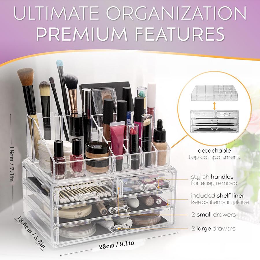 2 Pack Clear Make Up Organizer Countertop,Stackable 4 Drawers Makeup Storage,Vanity Organizers for Dresser Hair Clip,Jewelry