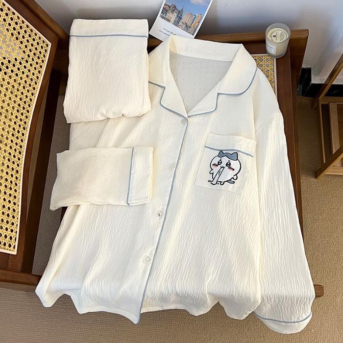 Women's Spring & Autumn Cloud Cotton Pajama Set - Thin Print & Embroidery, Loose Fit, Long Sleeve & Pants Home Wear.