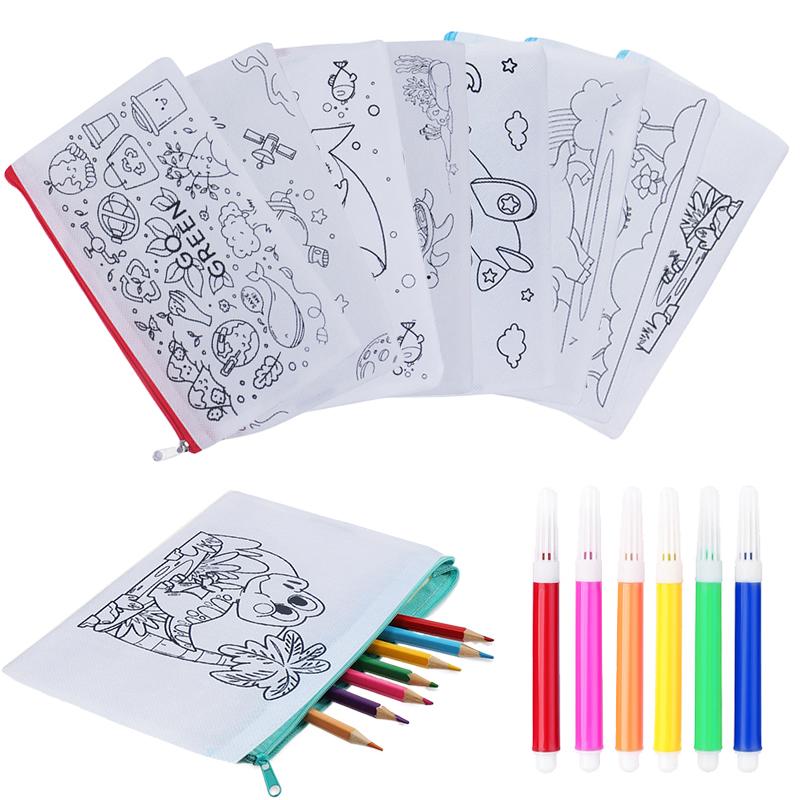 5pcs Pen Bag Stationery Storage Supplies Graffiti Cartoon Pattern Storage Bag for Children Colored Zipper Bags Portable TMZ