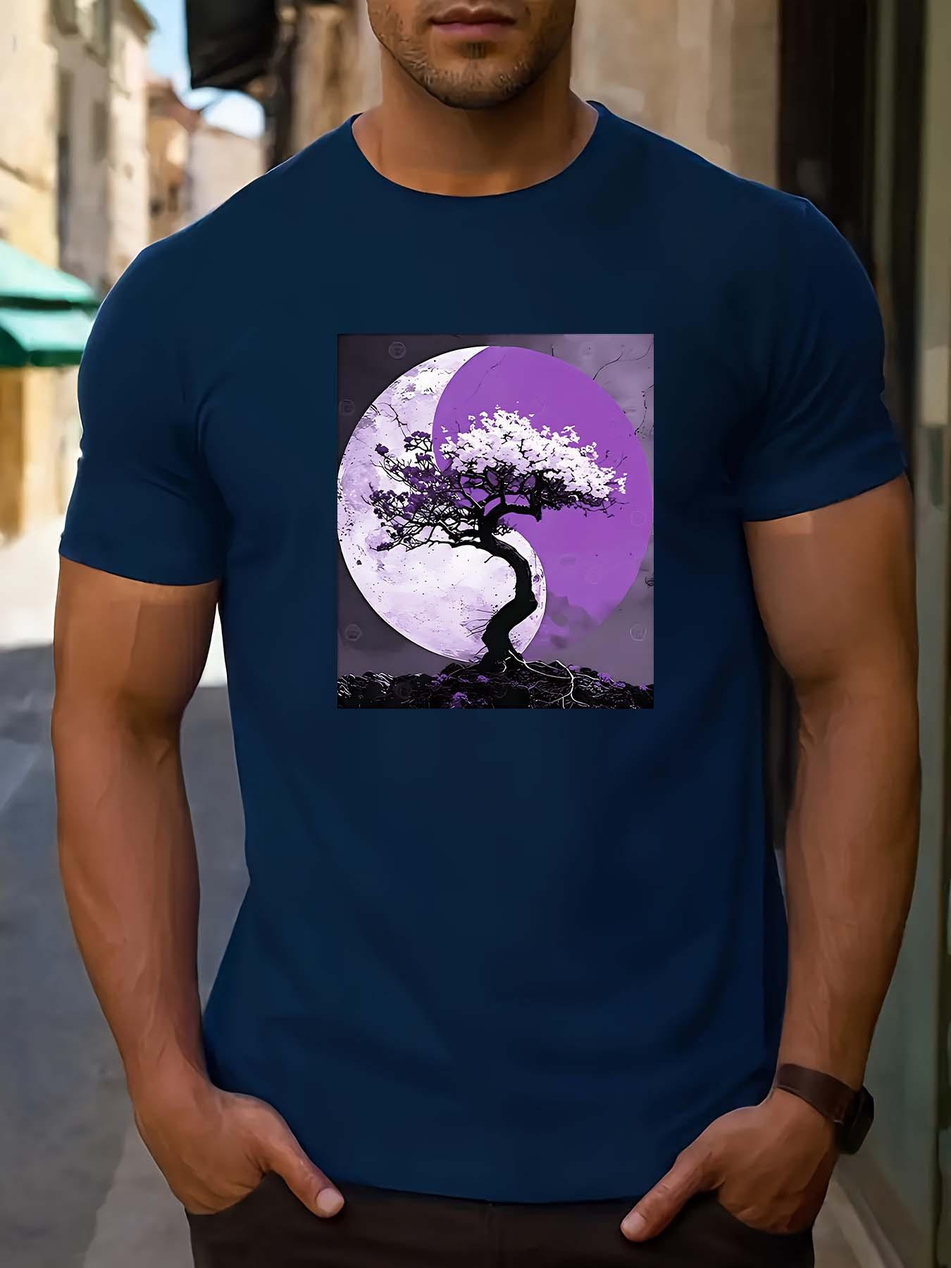 

Casual Short-Sleeve T-shirt with Unique Tree & Moon Design - Breathable Polyester XL