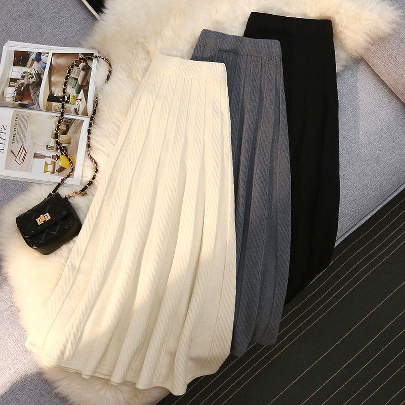 Gonna Midi Lavorata a Maglia da Donna: Morbido, Elastico a Vita Alta, Avvolgente sui Fianchi, Design Plissettato A-Line Snellente