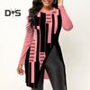 Women Autumn Winter Geometric Print Blouse O Neck Long Sleeve Side Split Hem Mid Length Pullover Tunic Tops Streetwear