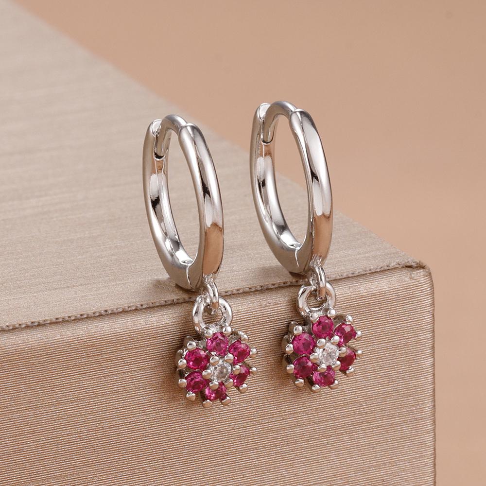 Exquisite Multicolor Crystal Flower Hoop Earrings for Women Girl Stainless Steel Fashion Korean Wedding Romantic Jewelry Gifts