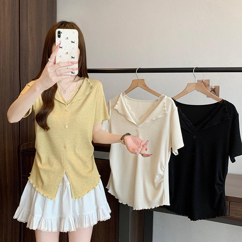 2026 Summer Plus Size Women s Lace V-Neck Ruffle Sleeve T-Shirt 4XL