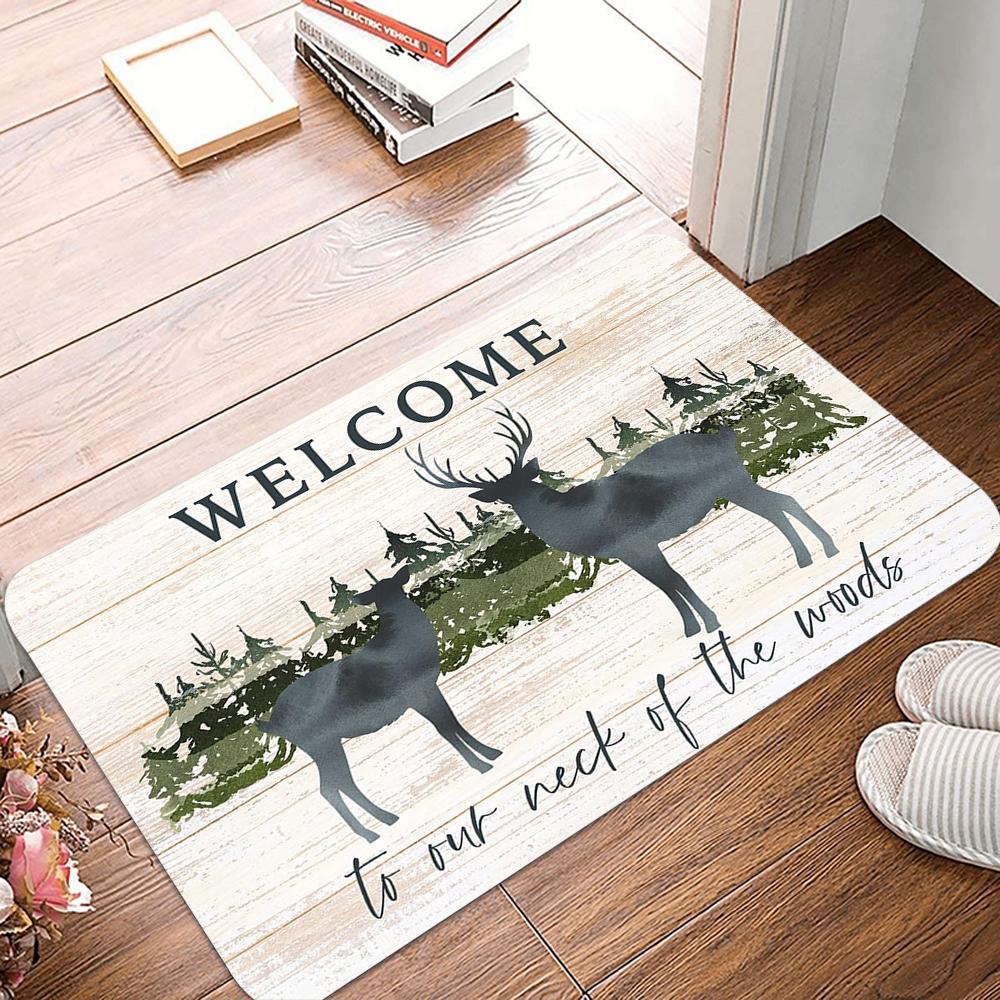 Vintage Wood Forest Deer Moose Elk Welcome Decorative Doormat,Wildlife Animal Deer Floor Mats,Farmhouse Decor For Home Bedroom