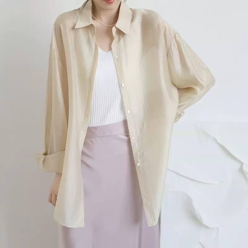 Dünne Abschnitt Tencel Sonnenschutz Shirt Shirt weibliche Sommer lose durchsichtige Ankuppeln außerhalb Klimaanlage Strickjacke Schal Eis Chiffon Bluse