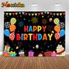 Mocsicka Colorful Happy Birthday Backdrop Black Tapestry Balloon Gift Cake Photography Background Party Decor Photo Booth Banner