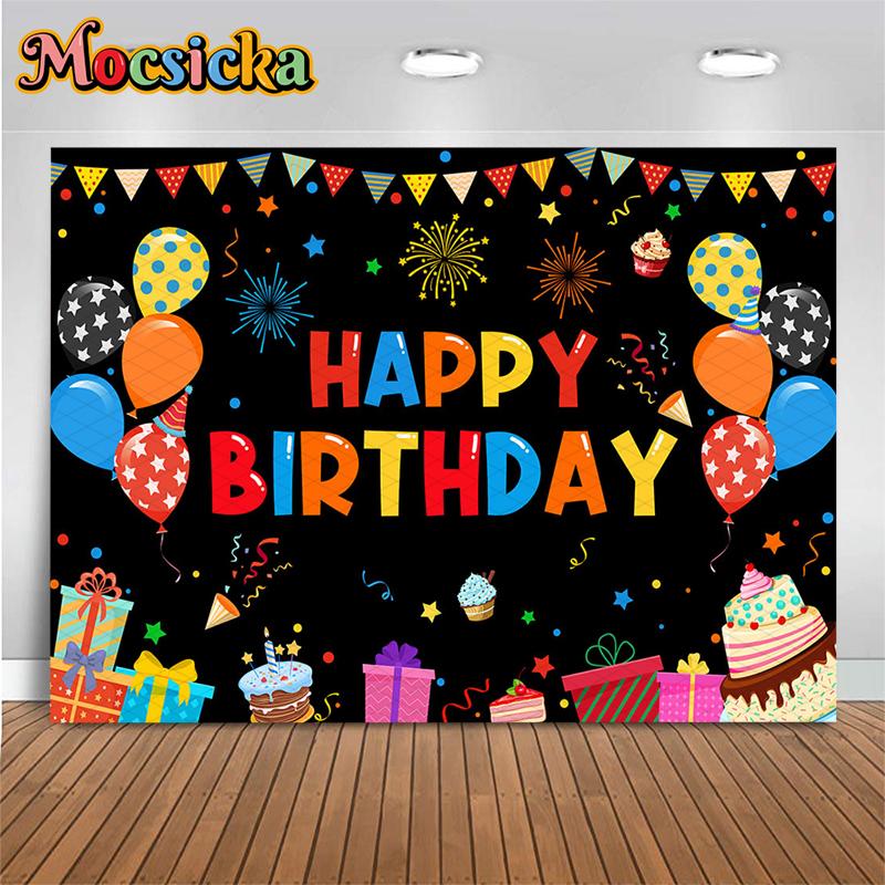 Mocsicka Colorful Happy Birthday Backdrop Black Tapestry Balloon Gift Cake Photography Background Party Decor Photo Booth Banner