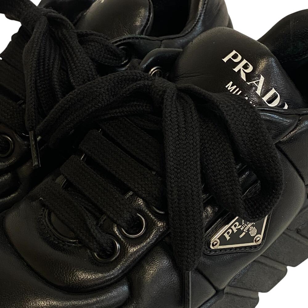Prada 1E136N Triangle Logo, Triangle, Lace-up, Platform Sole Leather Downtown Sneakers Black Leather Women Used