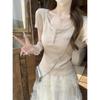 Summer Korean Style Sweet Square Neck Lace Trim Button Slim Fit Short Sleeve Top