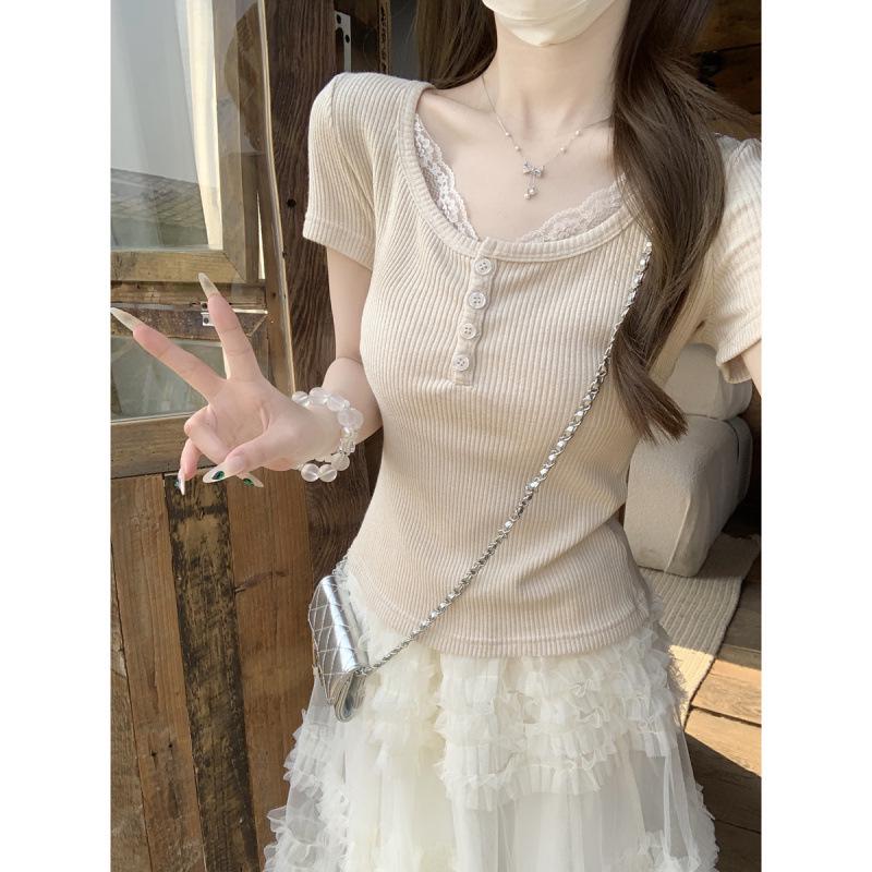 Summer Korean Style Sweet Square Neck Lace Trim Button Slim Fit Short Sleeve Top