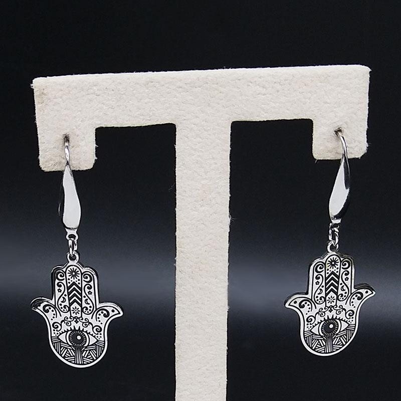 Hamsa Hand Stainless Steel Dangle Earrings Women Black Enamel Earrings Jewelry joyas de acero inoxidable para mujer E2037S02