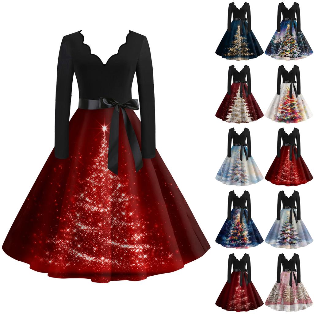 Damen Casual Mode V-Ausschnitt Langarm Weihnachten Bedruckt Party Vintage Lange Kleider