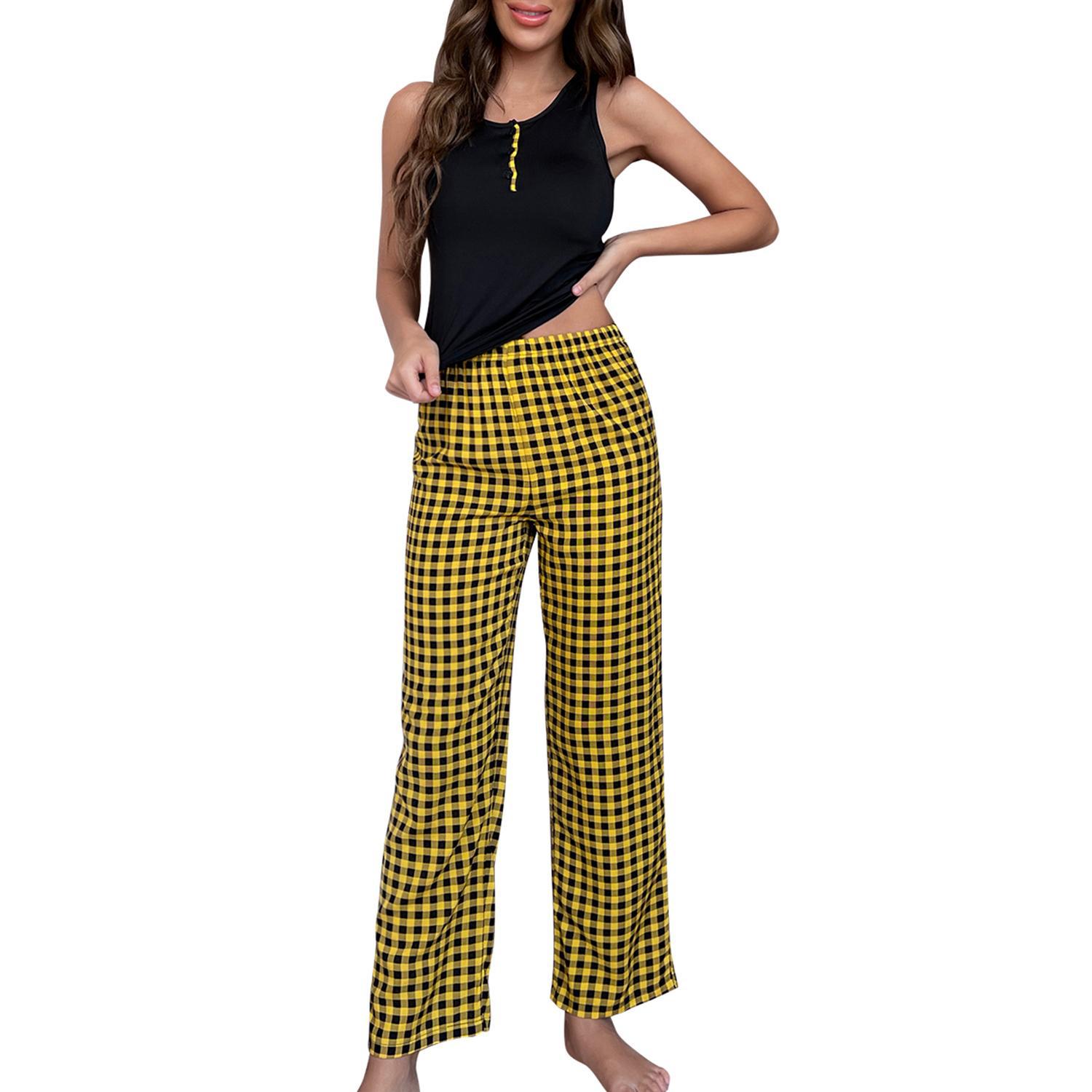 

Женский пижамный комплект Черный топ-майка в клетку Длинные брюки Костюм для сна Домашняя повседневная одежда для отдыха 2 предмета Одежда для сна После купания XL жёлтый