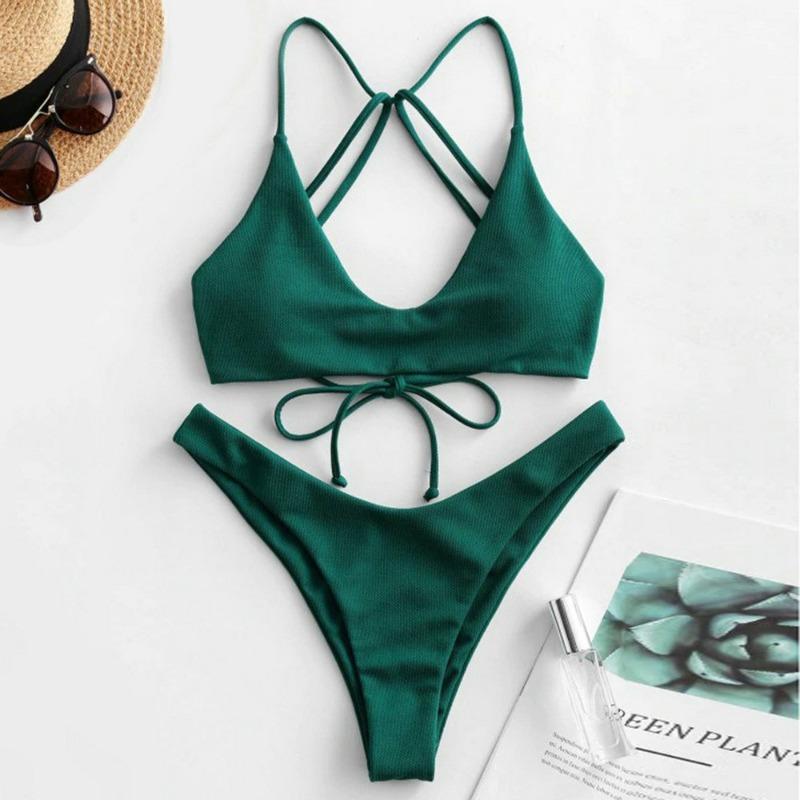 New Solid Color Suspender Split Swimsuit Sexy Pure Bikini Beach Hot Spring Swimsuit
