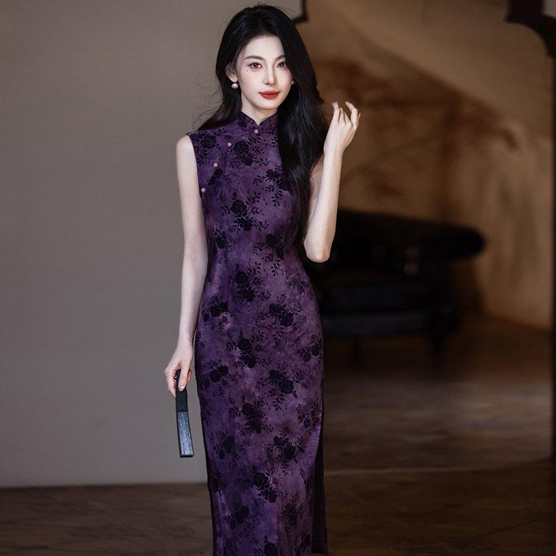 Purple sleeveless national style new Chinese long cheongsam improved young 1011 new women's high sense daily summer