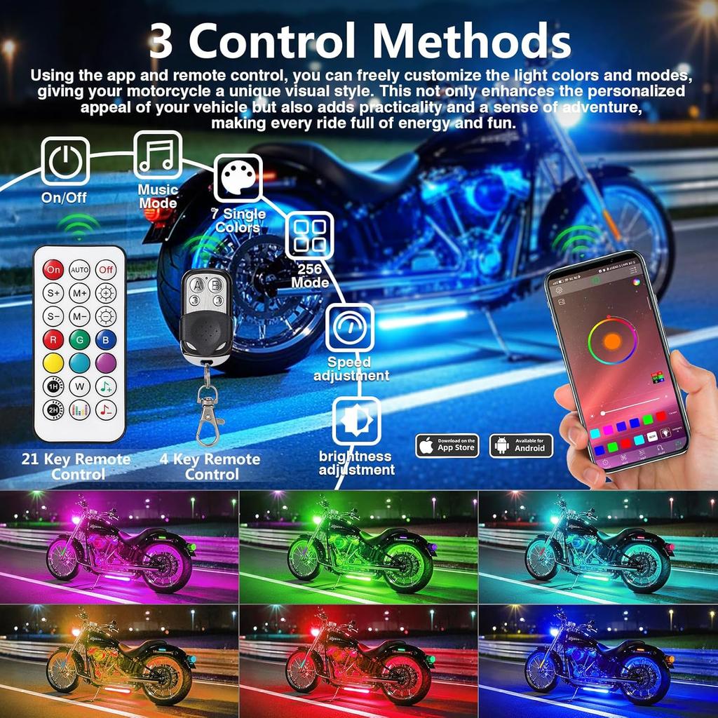 16Pcs RGB+IC Chasing Motorcycle LED Lights With APP/RF Remote, Dreamcolor Motorcycle LED Underglow Kit With Brake Turn Signal, 12V Waterproof Neon