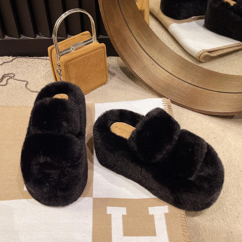 Super thick bottom 9 cm fluffy slippers women wear autumn and winter new Korean version versatile home indoor one-word cotton slippers
