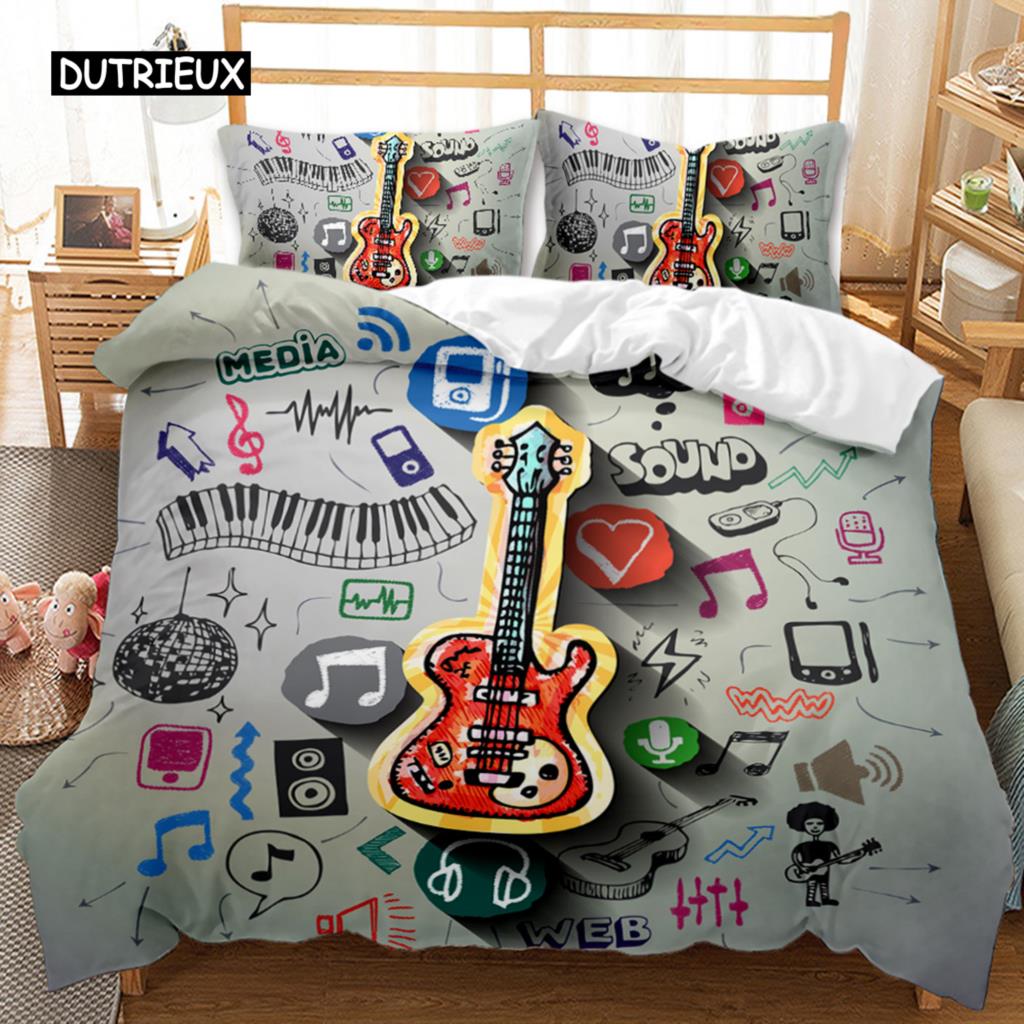 Für Teenager - Gitarren Bettwäsche-Set Einzelbett Rockmusik Deckenbezug-Set Hip Hop Hippie Tagesdecke Blau Gitarre Polyester Bettwäsche-Set