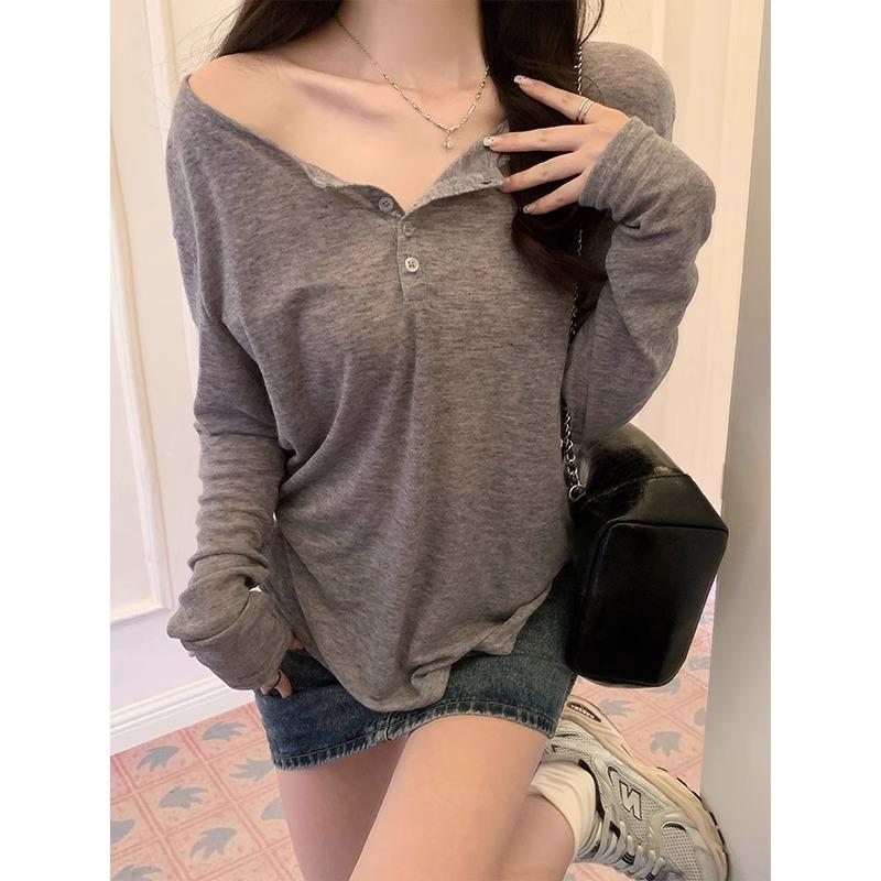 Lockerer Lazy-Style Langarm-T-Shirt im koreanischen Stil für Damen, Frühling neues Design, halboffener Kragen, sexy, reines Verlangen, Oberteil für draußen