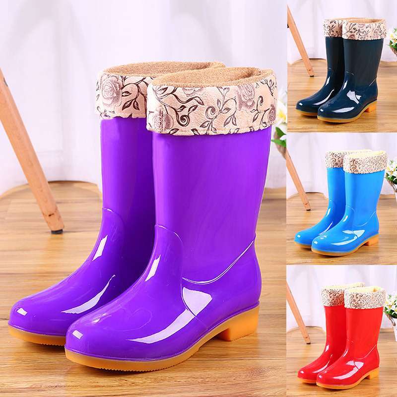 High rain boots rain shoes waterproof shoes glue shoe cover shoes women's fashion medium tube velvet cotton warm adult non-slip kitchen summer
