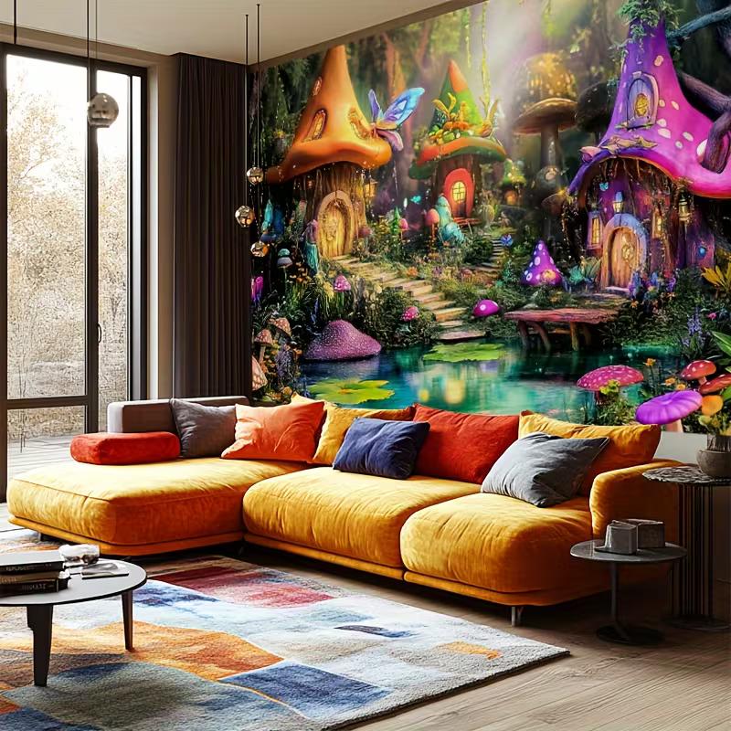 2D Fairy Tale Mushroom Village Tapestry, Colorful Houses with Pond & Flowers Wall Hanging, Fantasy Backdrop