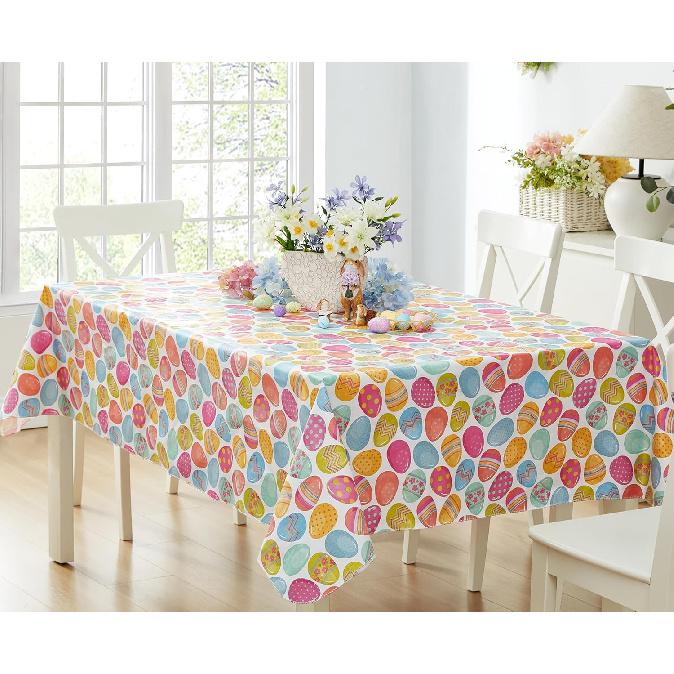Newbridge Easter Egg Color Explosion Vinyl Flannel Backed Tablecloth, Cheerful Spring Easy Care Vinyl Tablecloth with Flannel Backing, 52 x 52 inch 84  x 60  (Rectangular)